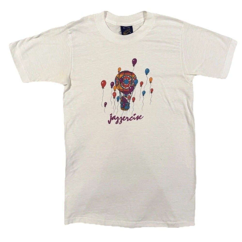 Vintage Sneakers Womens White Jazzercise Hot Air Balloon T shirt M USA MADE 90s